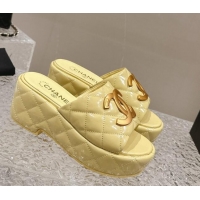 Good Looking Chanel Shiny Calfskin Wedge Slide Sandals with Metal-Tone Maxi-CC Yellow 323020