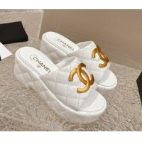 Charming Chanel Shiny Calfskin Wedge Slide Sandals with Metal-Tone Maxi-CC White 323021