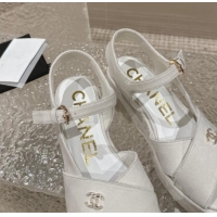 Charming Chanel Suede Wedge Sandals with Crystal CC G39918 White 323043