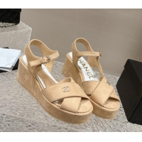 Top Design Chanel Suede Wedge Sandals with Crystal CC G39918 Beige 323045