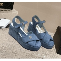 Shop Duplicate Chanel Suede Wedge Sandals with Crystal CC G39918 Dusty Blue 323046