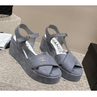 Top Grade Chanel Suede Wedge Sandals with Crystal CC G39918 Grey 323047