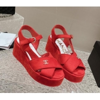 Good Quality Chanel Suede Wedge Sandals with Crystal CC G39918 Red 323048