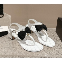 Luxurious Chanel Calfskin Thong Sandals 4cm with Bow and Bloom White 323057