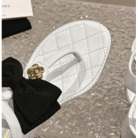 Luxurious Chanel Calfskin Thong Sandals 4cm with Bow and Bloom White 323057