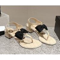 Sumptuous Chanel Calfskin Thong Sandals 4cm with Bow and Bloom Beige 323058