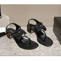 Lower Price Chanel Calfskin Thong Sandals 4cm with Bow and Bloom Black 323059