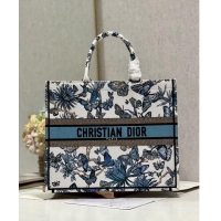 Top Grade Dior Large Book Tote Bag in White and Pastel Midnight Blue Toile de Jouy Mexico Embroidery CD2928L 2023