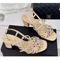 Unique Style Chanel Calfskin Heel Sandals 6cm with CC Charm Beige 323068