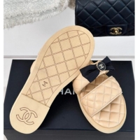 Best Grade Chanel Lambskin Flat Slide Sandals with Bow Beige 323075