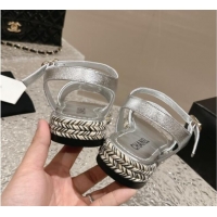 Best Grade Chanel Lambskin Flat Sandals with Pearls Bloom Silver 323087