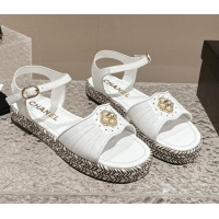 Good Product Chanel Lambskin Flat Sandals with Pearls Bloom White 323089