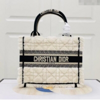 Low Cost Dior Small Book Tote Bag in Cannage Shearling CD1801 White/Black 2024