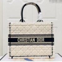 Top Quality Dior Medium Book Tote Bag in Cannage Shearling CD1801 White/Black 2024