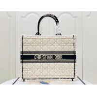 Famous Brand Dior Large Book Tote Bag in Cannage Shearling CD1801 White/Black 2024