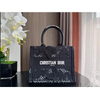 Best Price Dior Small Book Tote Bag in Transparent Mesh Embroidered with Black 3D Macramé-Effect D-Lace Motif CD8057 202