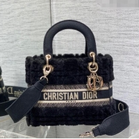 Top Design Dior Medium Lady D-Lite Bag in Cannage Shearling CD0118 Black 2024