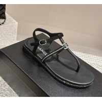 Good Looking Chanel Suede Flat Sandals with Crystals Black 325001