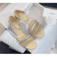 Low Price Chanel Satin Heel Sandals 8cm with Crystals and Chain Beige 325003