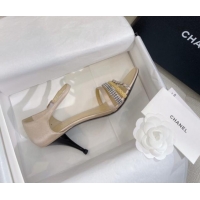 Low Price Chanel Satin Heel Sandals 8cm with Crystals and Chain Beige 325003