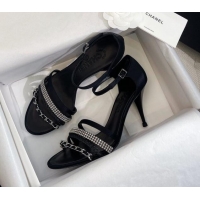 Popular Style Chanel Satin Heel Sandals 8cm with Crystals and Chain Black 325004