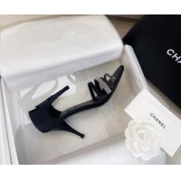 Popular Style Chanel Satin Heel Sandals 8cm with Crystals and Chain Black 325004