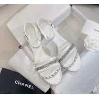 Durable Chanel Satin Heel Sandals 8cm with Crystals and Chain White 325005