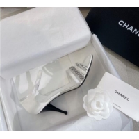 Durable Chanel Satin Heel Sandals 8cm with Crystals and Chain White 325005