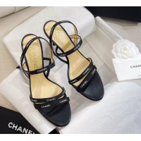 Top Design Chanel Logo Fabric Strap Heel Sandals 8cm Black 325006