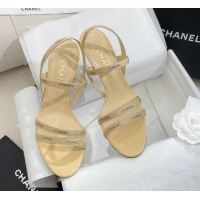 Shop Duplicate Chanel Logo Fabric Strap Heel Sandals 8cm Beige 325008