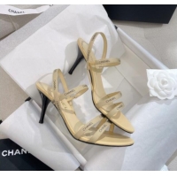 Shop Duplicate Chanel Logo Fabric Strap Heel Sandals 8cm Beige 325008