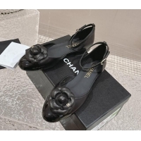 Stylish Chanel Camellia Lambskin Mary Janes Open Shoes Black 325012