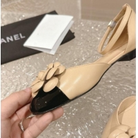 Sumptuous Chanel Camellia Lambskin Mary Janes Open Shoes Beige 325013