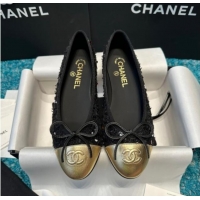 Grade Quality Chanel Classic Tweed Ballet Flat with Sequins Black/Gold 325019