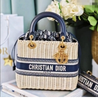 Top Quality Dior Medium Lady Dior Bag in Weaving Wicker and Black Leather 9989 Navy Blue 2023