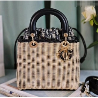 Super Quality Dior Medium Lady Dior Bag in Weaving Wicker and Black Leather 9989 Beige/Black 2024