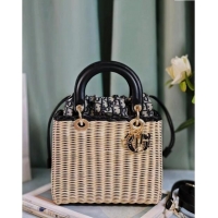 Super Quality Dior Medium Lady Dior Bag in Weaving Wicker and Black Leather 9989 Beige/Black 2024