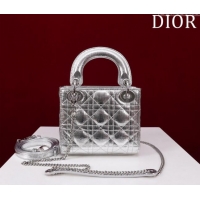 Luxurious Grade Dior Mini Lady Dior Bag in Metallic Cannage Leather M0505 Silver 2024