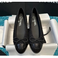 Good Looking Chanel Classic Tweed & Leather Ballet Flat All Black 325058