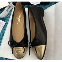 Popular Style Chanel Classic Calfskin Leather Ballet Flat Black/Gold 325037