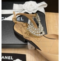 Low Price Chanel Lambskin Flat Pearl Slingbacks G37532 Beige 325059