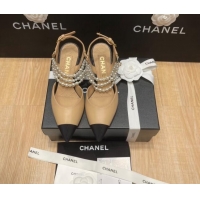 Good Quality Chanel Lambskin Heeled Pearl Slingback Pumps 9cm G37532 Beige 0325060