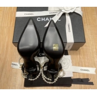 Good Looking Chanel Lambskin Heeled Pearl Slingback Pumps 9cm G37532 Black 325061