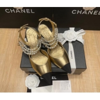 Luxury Chanel Lambskin Heeled Pearl Slingback Pumps 9cm G37532 Gold 325065