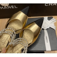 Luxury Chanel Lambskin Heeled Pearl Slingback Pumps 9cm G37532 Gold 325065