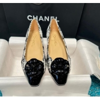 Duplicate Chanel Tweed Camellia Bloom Ballet Flat Black/White 325072