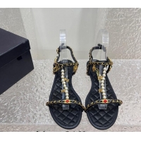 Perfect Chanel Lambskin Flat Sandals with Pearls and Chain Black 325074