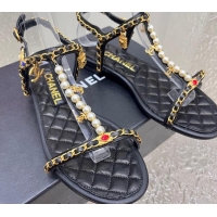 Perfect Chanel Lambskin Flat Sandals with Pearls and Chain Black 325074