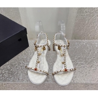 Hot Style Chanel Lambskin Flat Sandals with Pearls and Chain White 325075