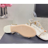 Hot Style Chanel Lambskin Flat Sandals with Pearls and Chain White 325075